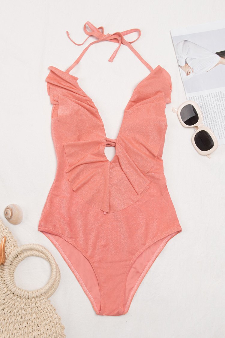 Noelia Pink Halter Plunge Ruffle One Piece Swimsuit