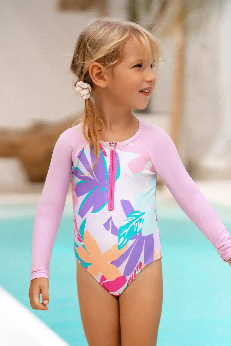 Girls Multi Spring Zip Front Long Sleeve One Piece Swimsuit Cupshe
