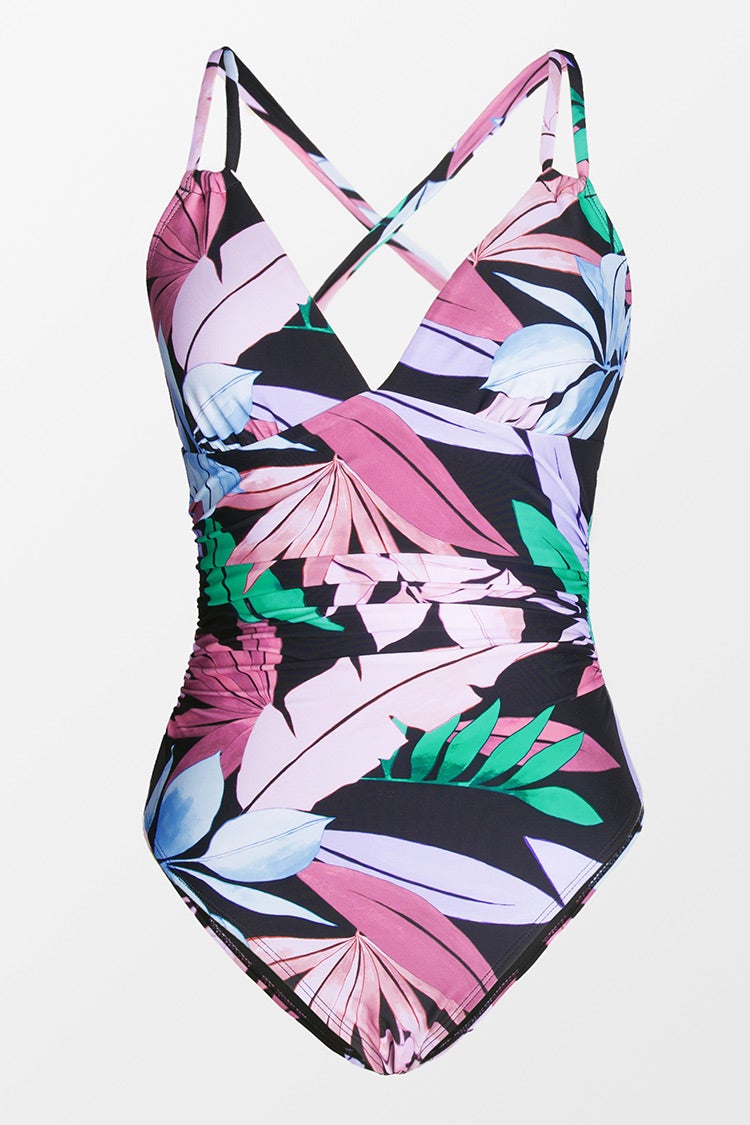 Tropicool Leaf Double Strap Side Shirred One Piece Swimsuit