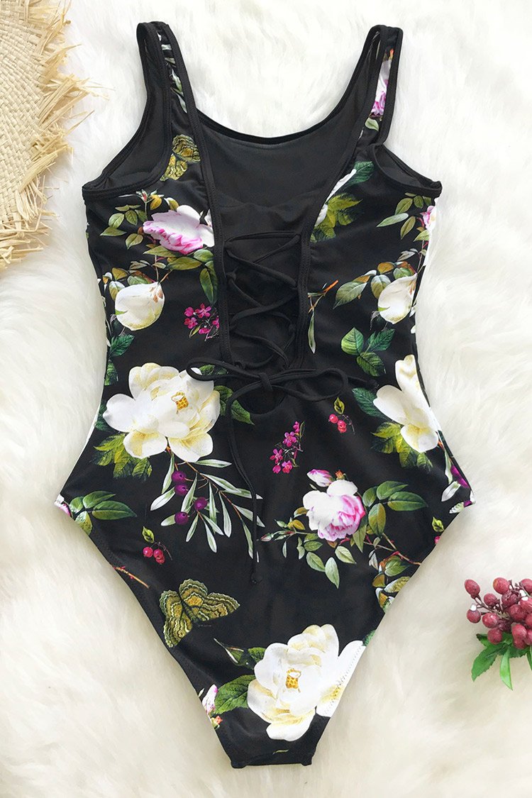 Maillot De Bain 1 Pièce CUPSHE - Imprimé Floral Et Rayures Noires - Dos Nu - Effet Ventre Plat - Taille XS à XXL