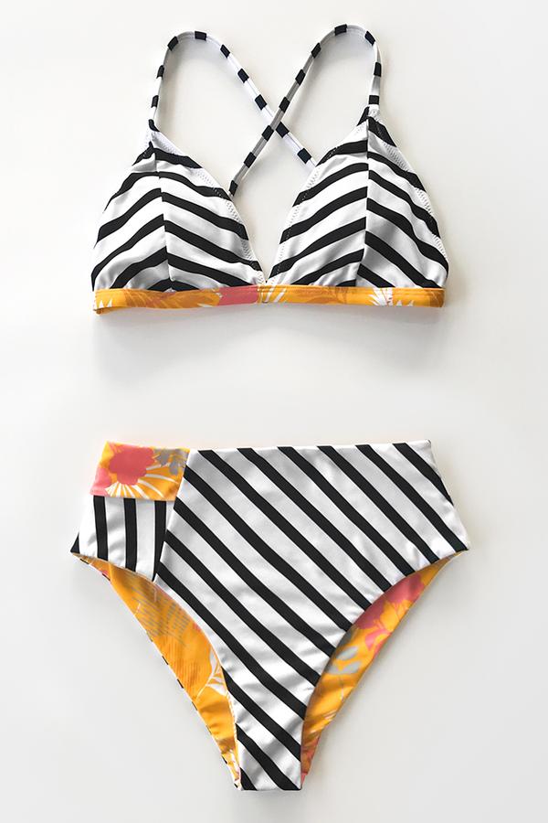 Bikini reversible a rayas y floral de braga alta