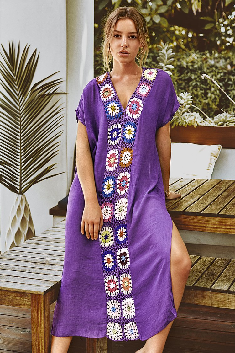 Maxi Cover Up púrpura con crochet colorido