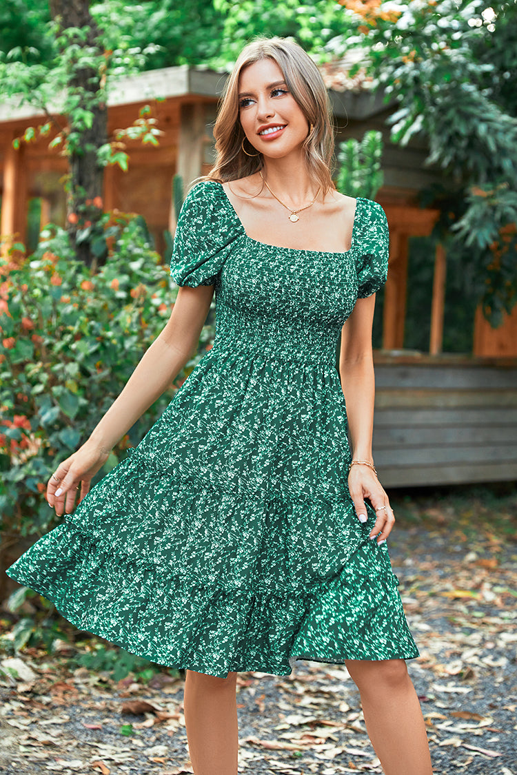 CUPSHE Green Floral Dress for Women Smocked Ruffle Flowy Swing Square Neck  Fitted Bubble Sleeves