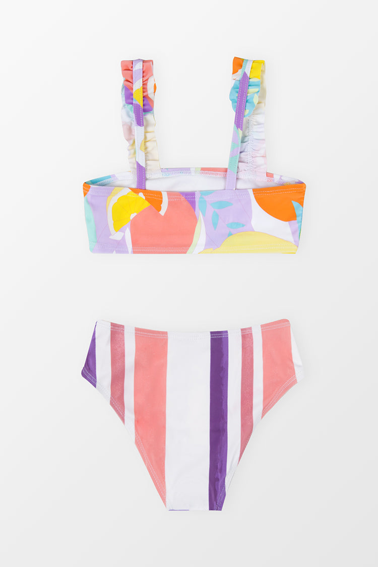 Girls Luminescent Ruffled Strap Scenic Striped Bikini Set