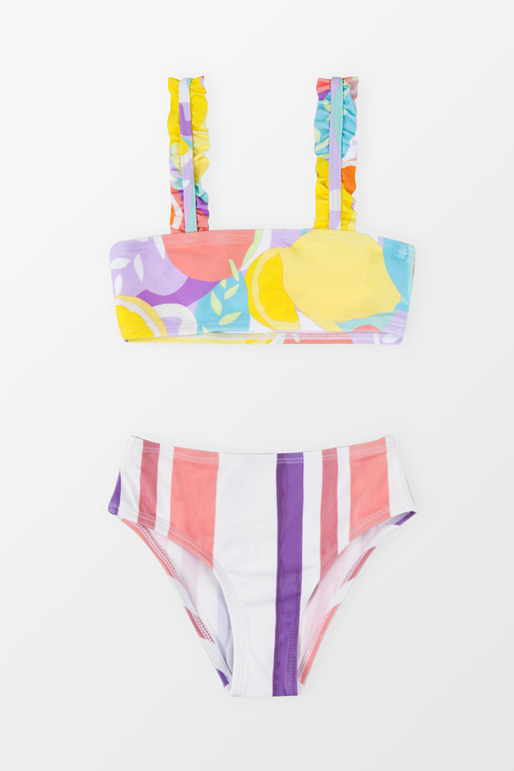 Girls Luminescent Ruffled Strap Scenic Striped Bikini Set