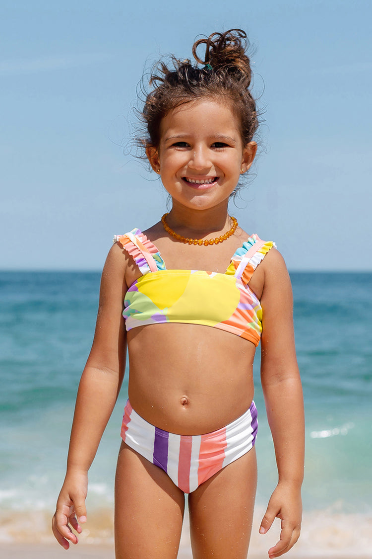 Girls Luminescent Ruffled Strap Scenic Striped Bikini Set