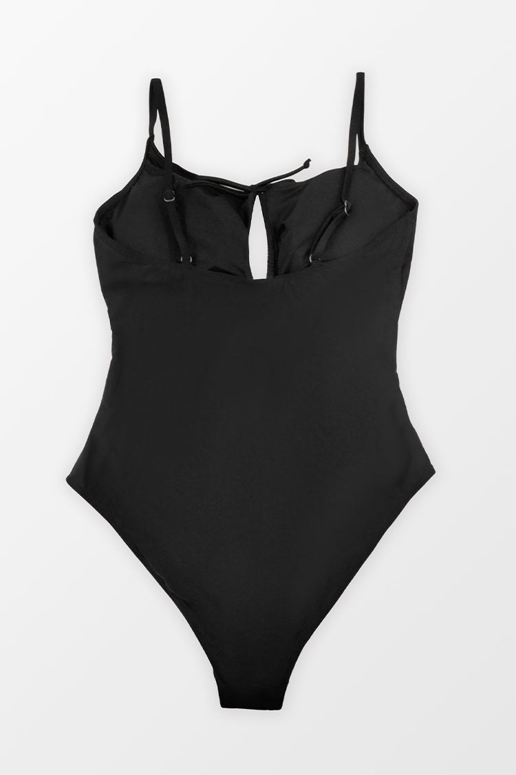 Black Draw String Keyhole Front One Piece Swimsuit