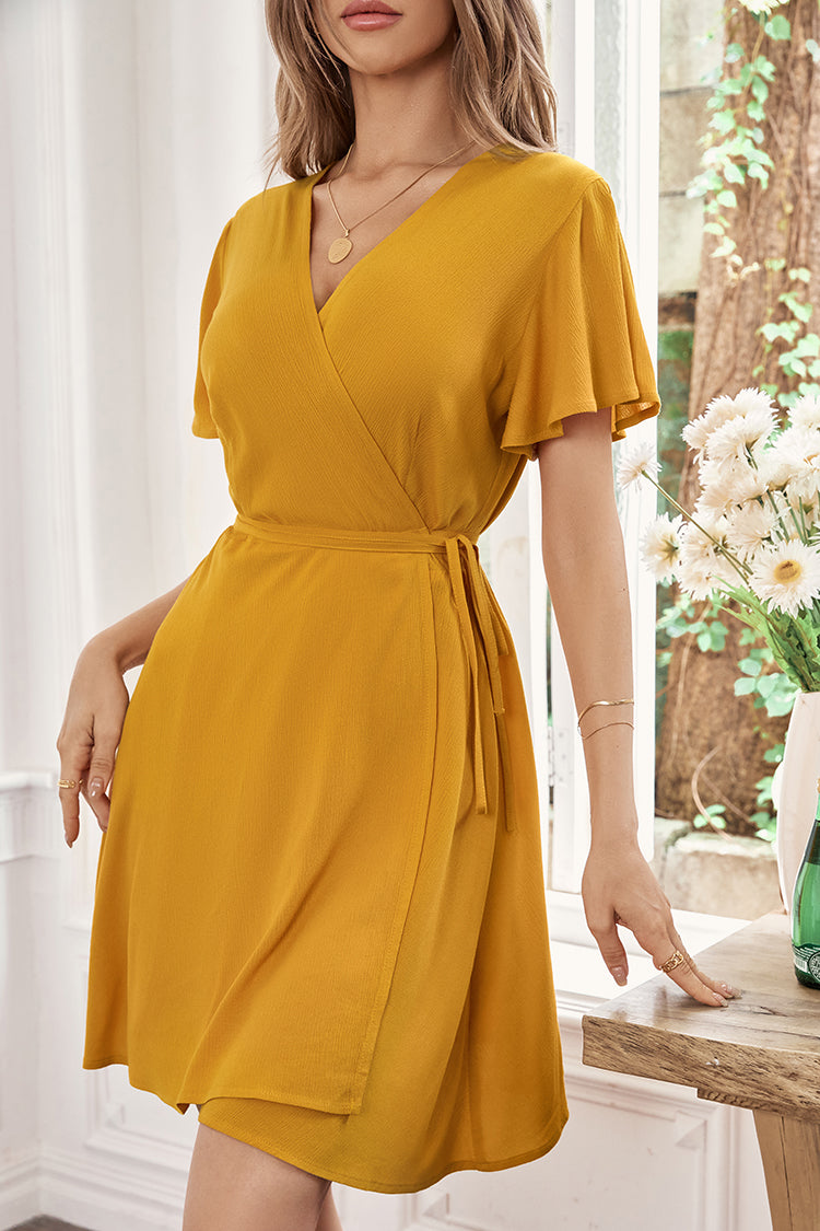 Leanna V-neck Short Sleeve Tie Waist A-Shape Dress
