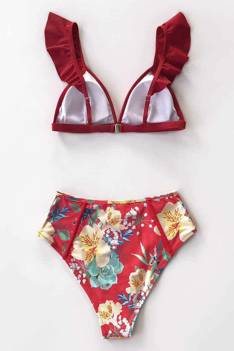 Red Floral Ruffles Bikini