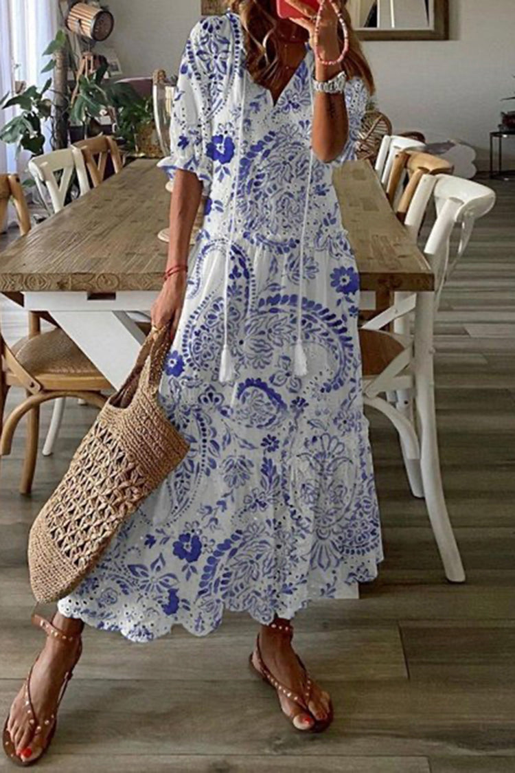 Sawyer Paisley Floral Tassel Ruffle Puff Sleeve Maxi Dress