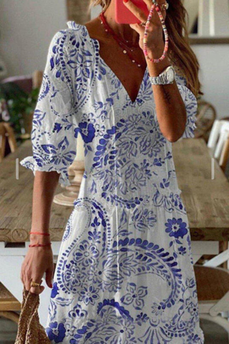 Sawyer Paisley Floral Tassel Ruffle Puff Sleeve Maxi Dress