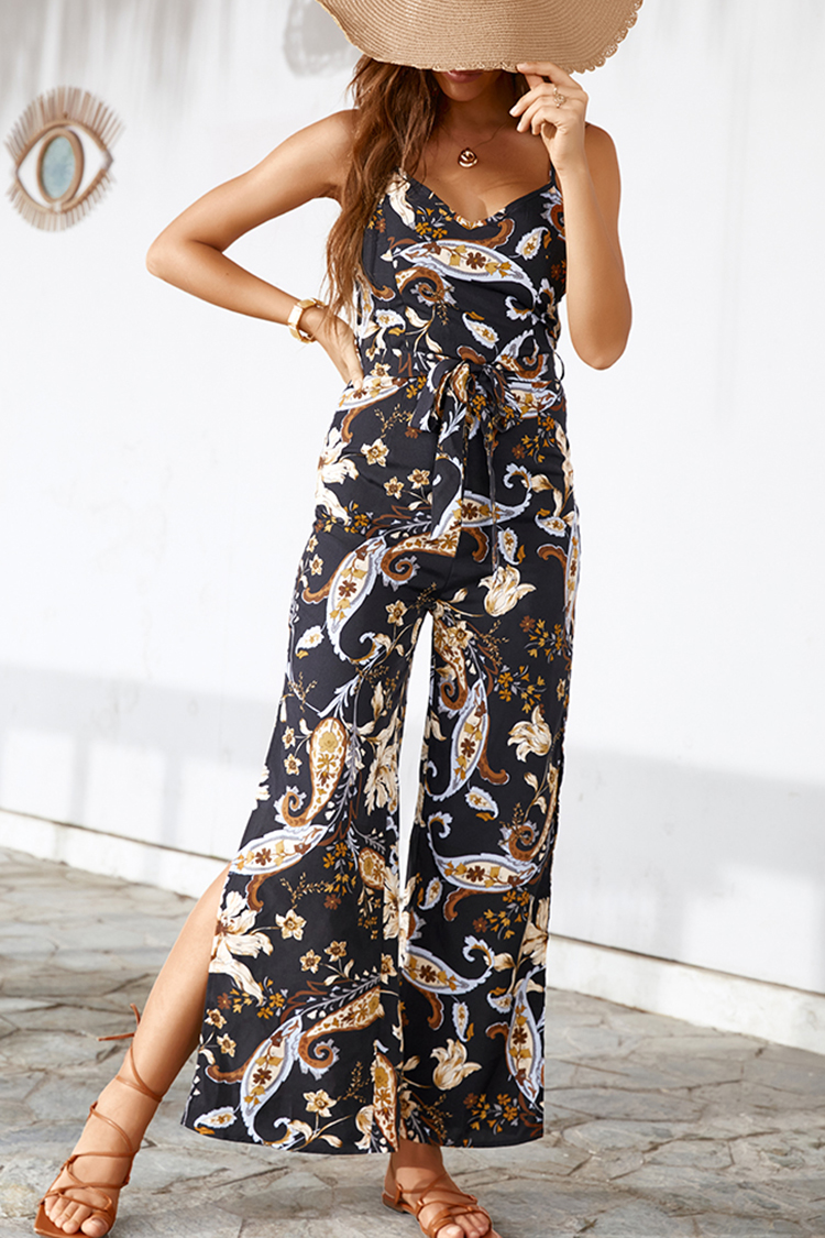 Old Story Tie Waist Thin Straps Floral Jumpsuit