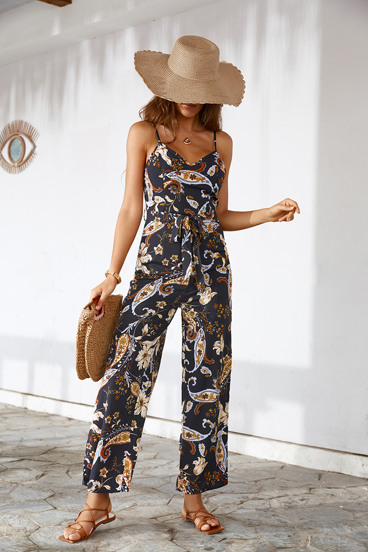 Old Story Tie Waist Thin Straps Floral Jumpsuit
