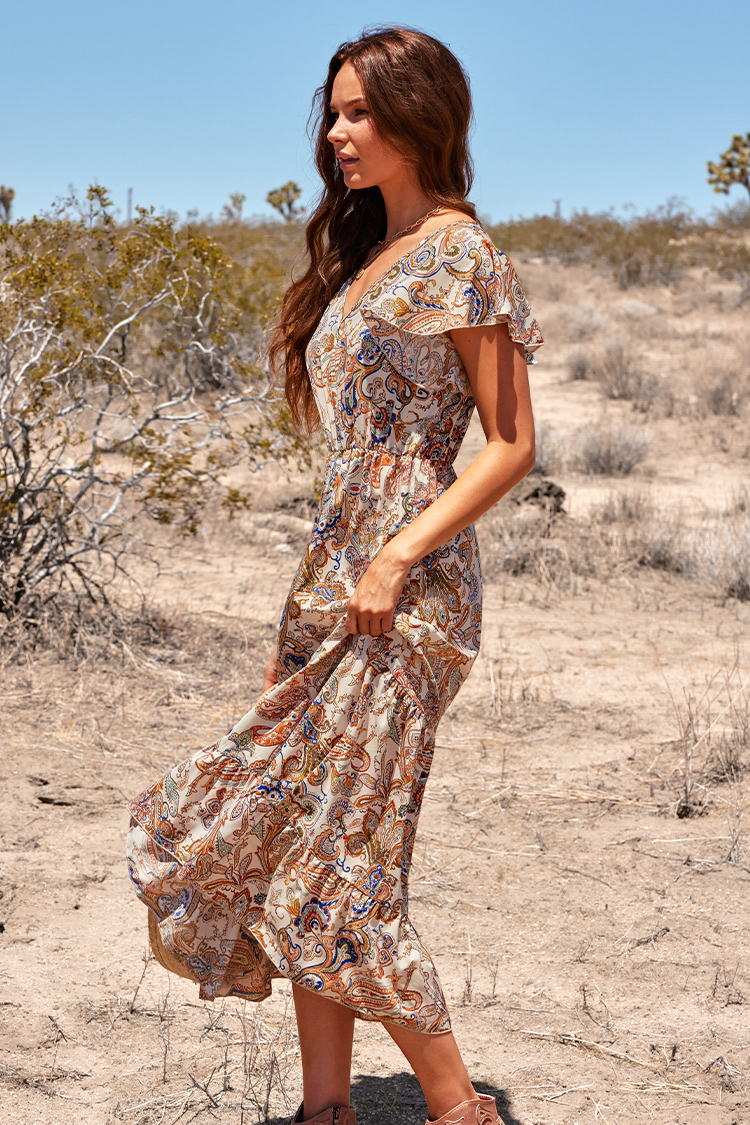 Paisley Kleid mit ausgestellten Ärmeln und V-Ausschnitt