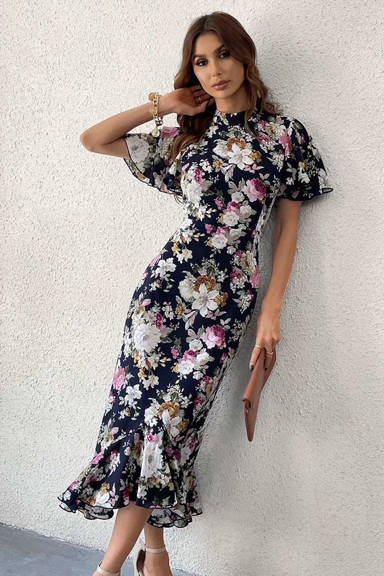 Robe midi et fendue à la jambe imprimée floral à col montant