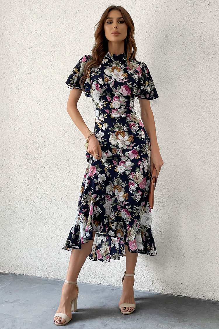 Robe midi et fendue à la jambe imprimée floral à col montant