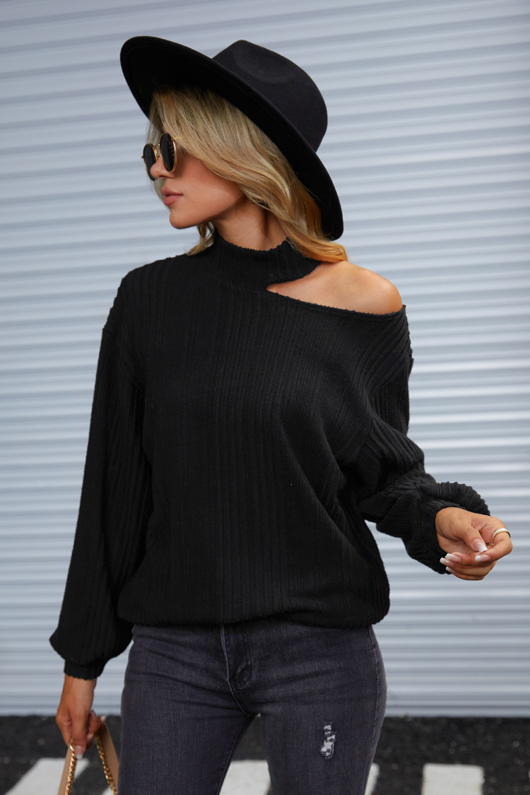 City Lights Turtleneck Open-Shoulder Top