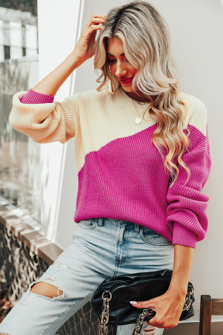Zweifarbiger Pullover mit Dolman-Ärmeln