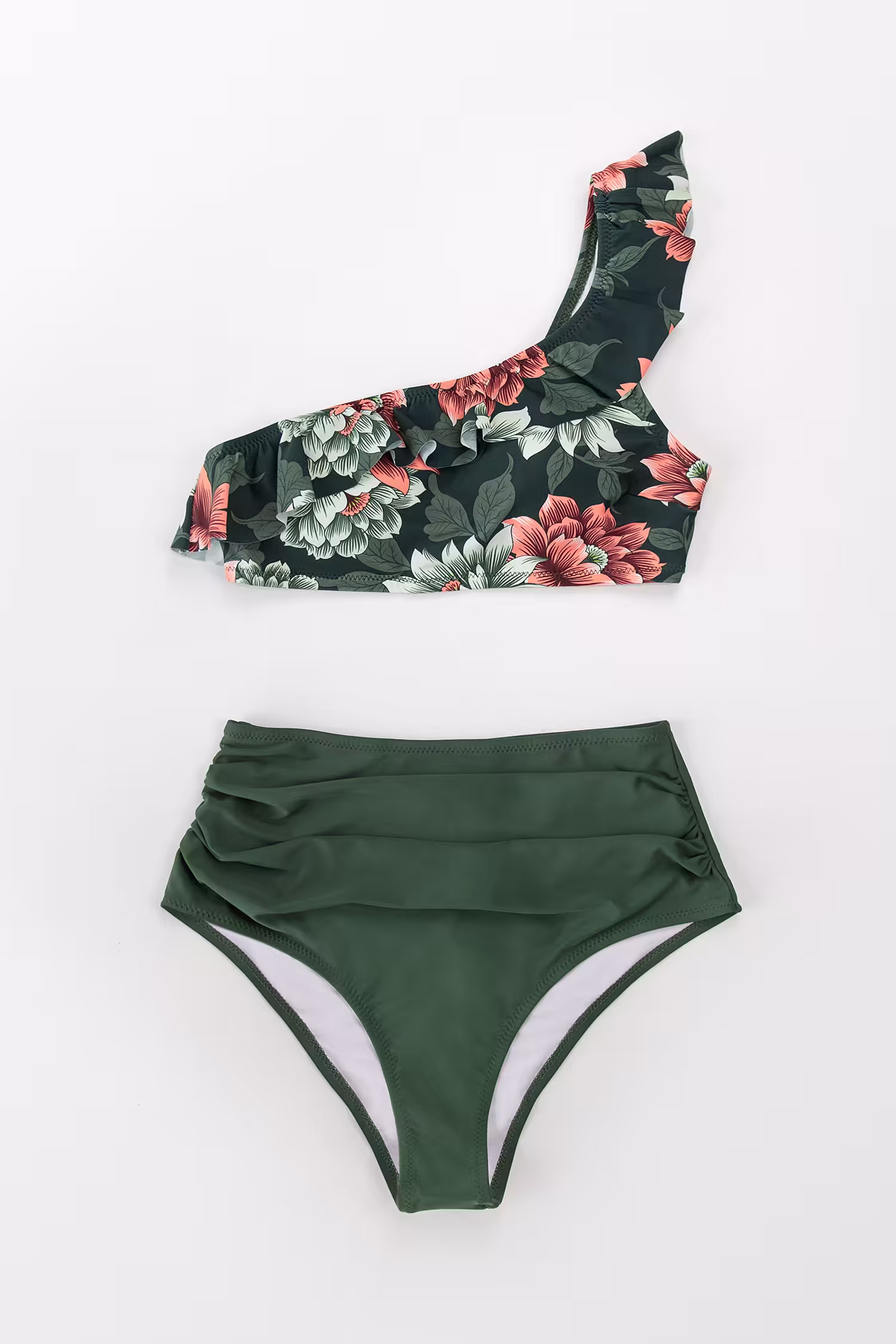 Dark Green Floral One Shoulder Ruffle High Waisted Bikini