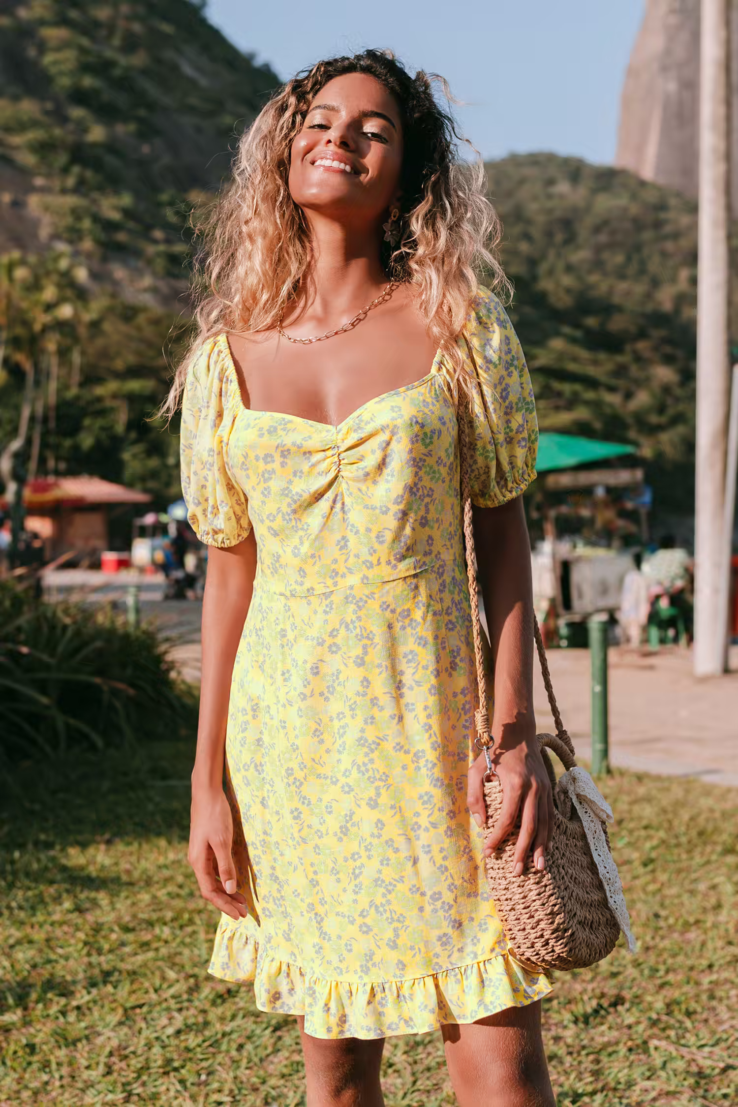 Alianna Yellow Ditsy Puff Sleeve Dress