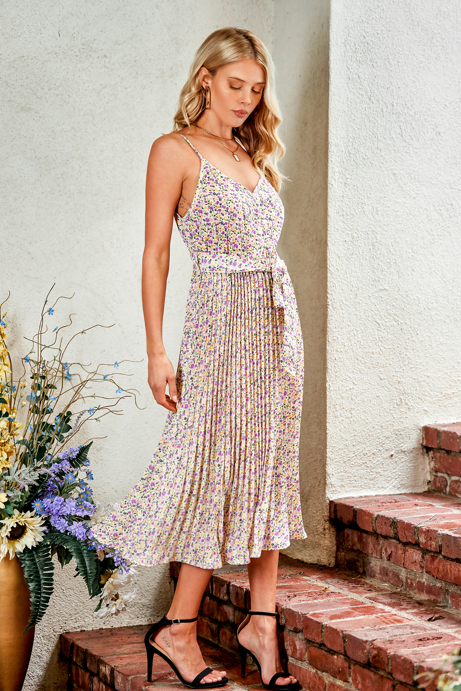 Ocean Eyes Belted Ditsy Floral Pleated Dress