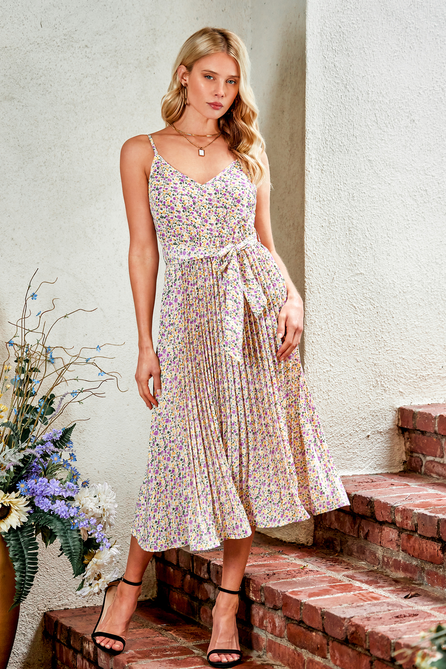 Ocean Eyes Belted Ditsy Floral Pleated Dress