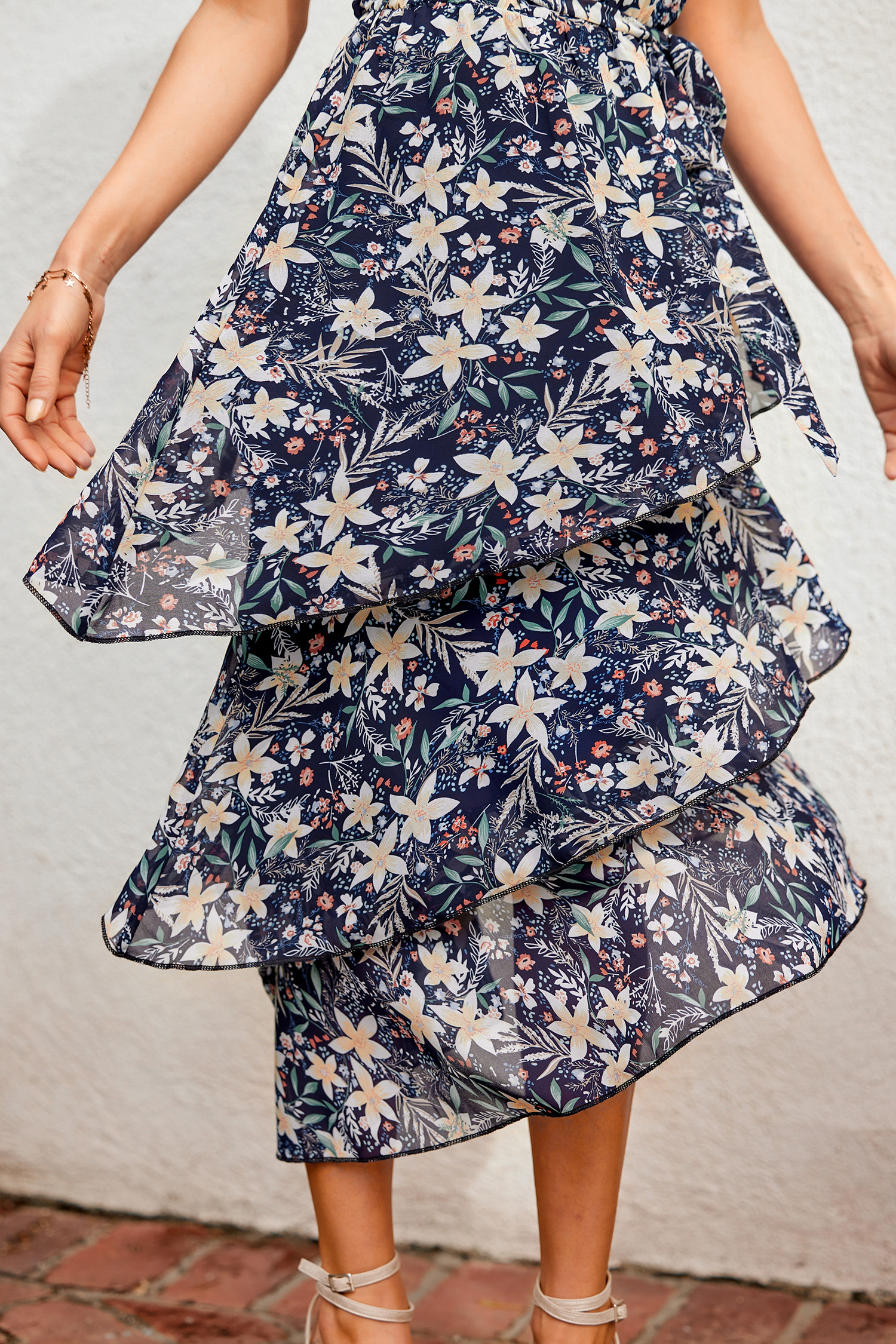 Papaya Belted One-Shoulder Ruffled Dress