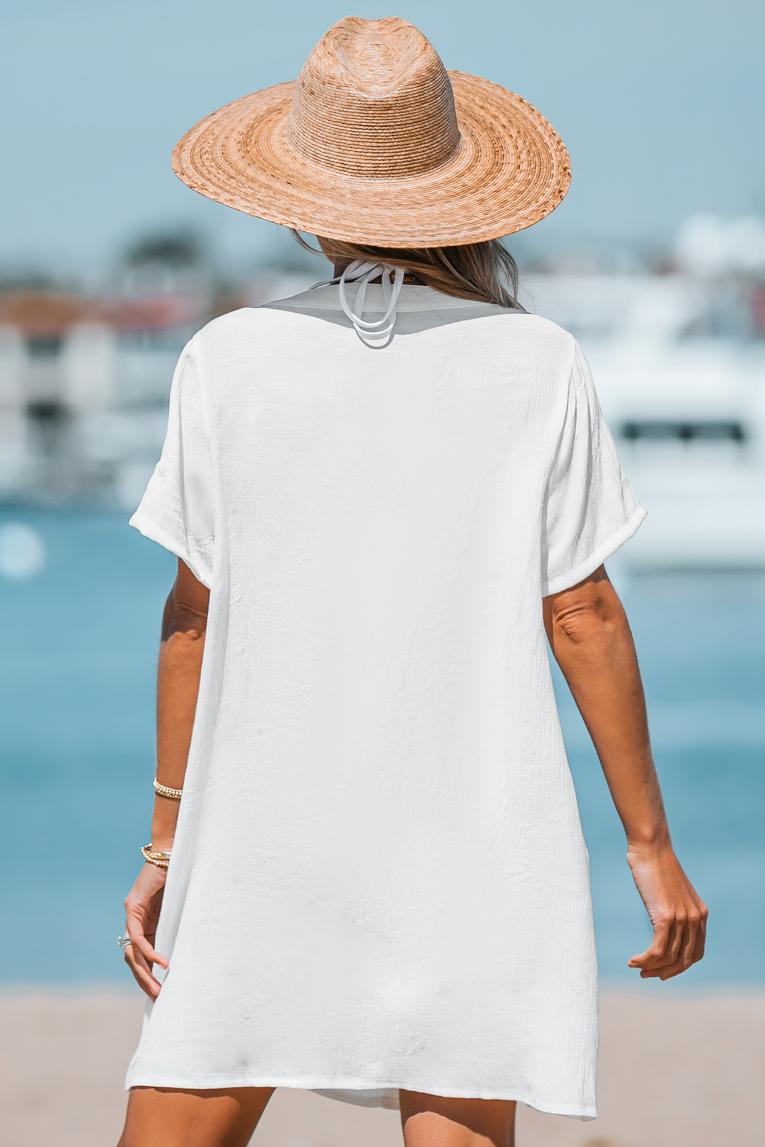【CUPSHE】ホワイトシャツミディドレス White V-Neck Cover-Up Mini Dress