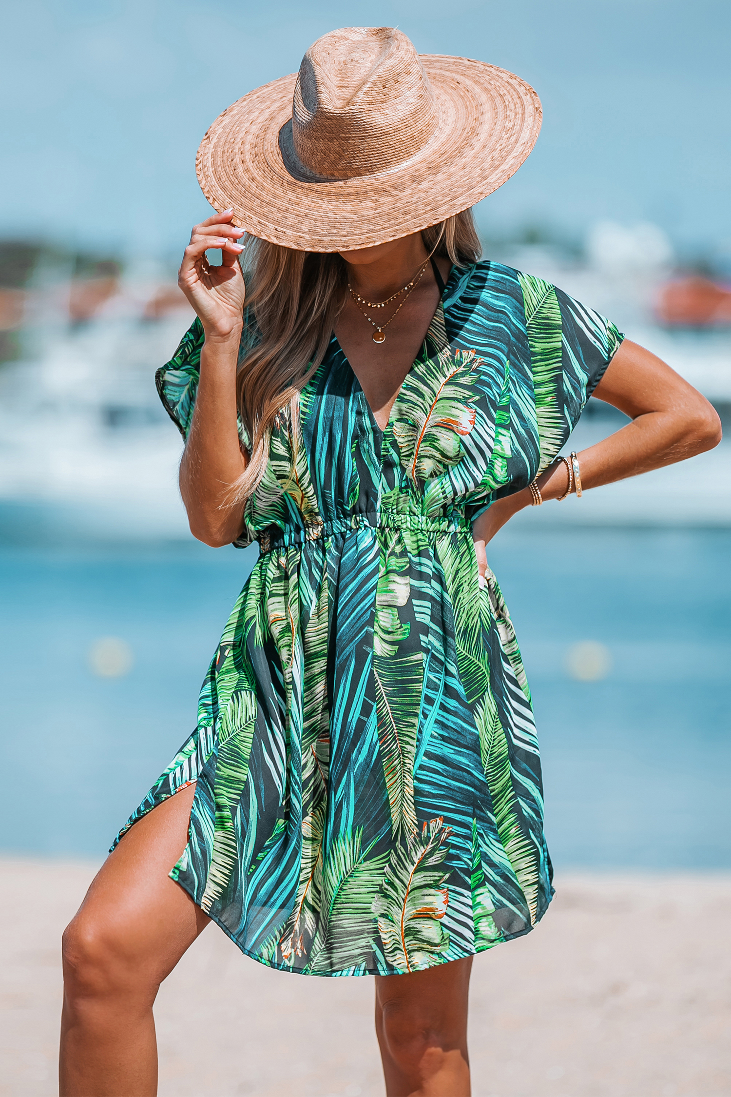 Tropical Leaf Print Mini Dress