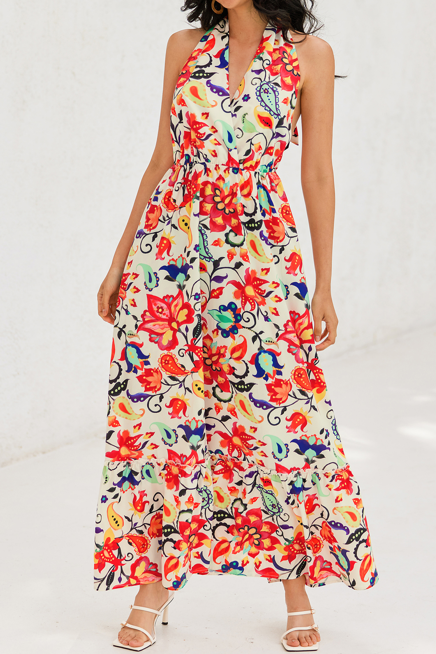 Floral Paisley Print Halter Ruffle Maxi Dress
