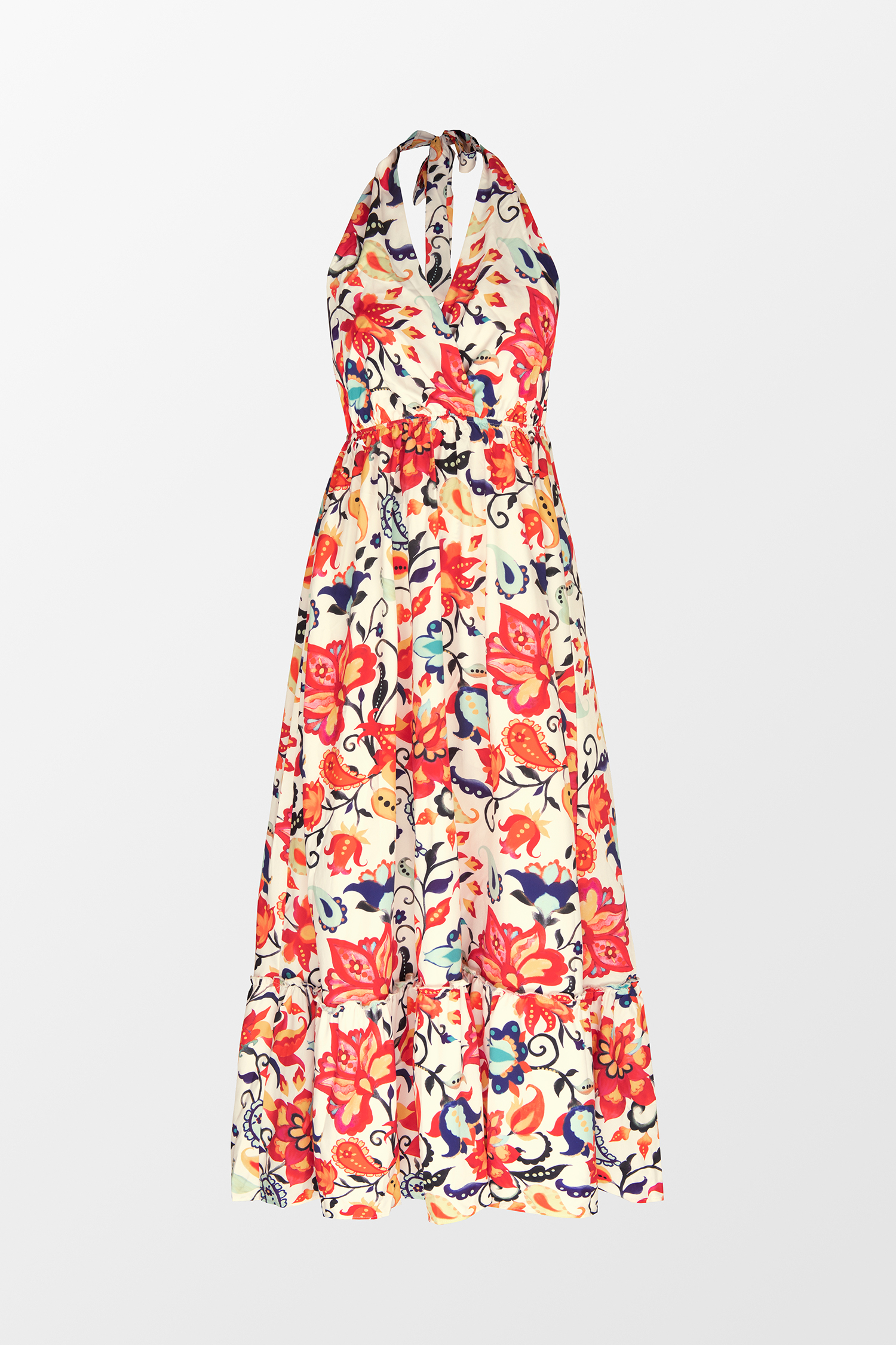 Floral Paisley Print Halter Ruffle Maxi Dress