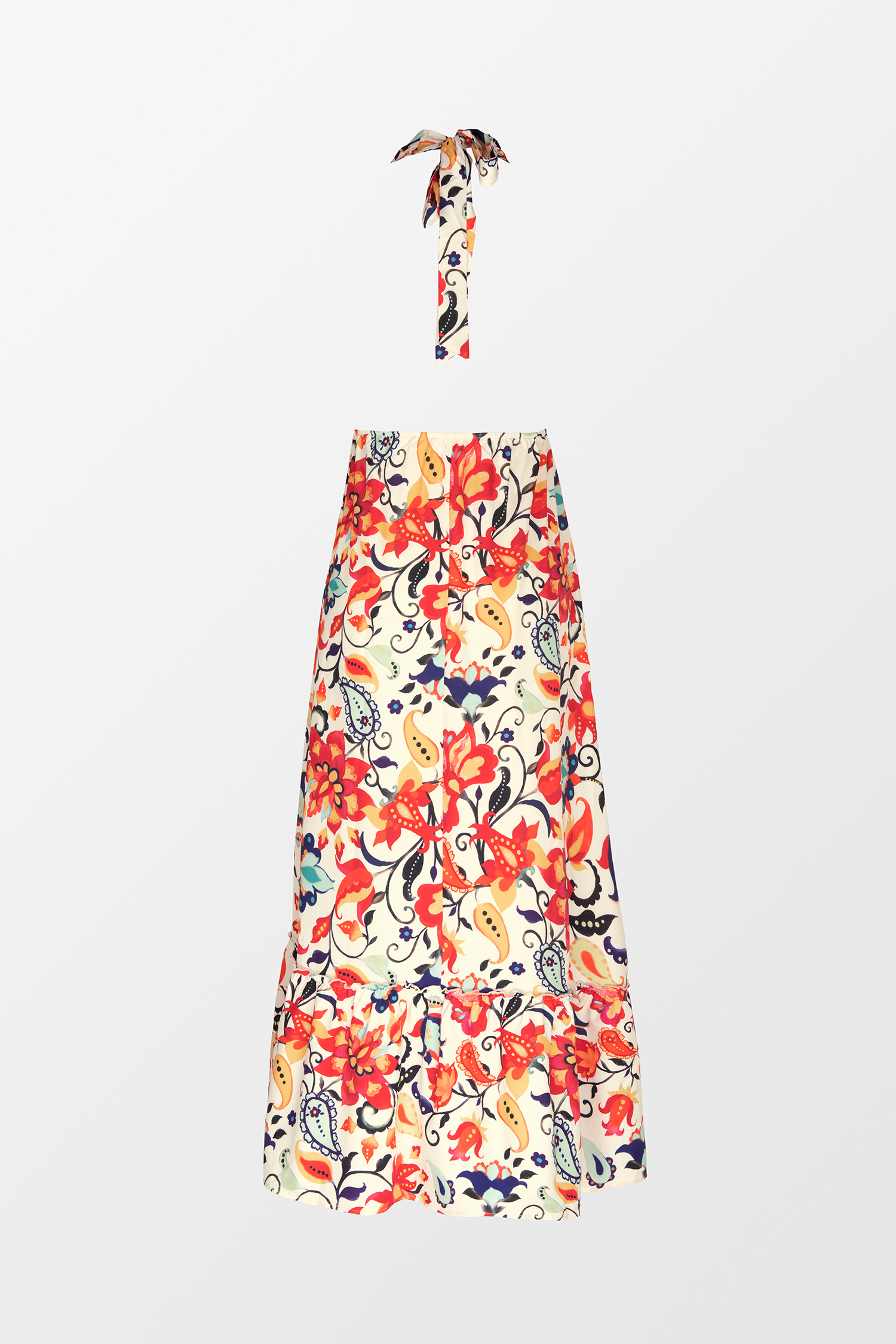 Floral Paisley Print Halter Ruffle Maxi Dress