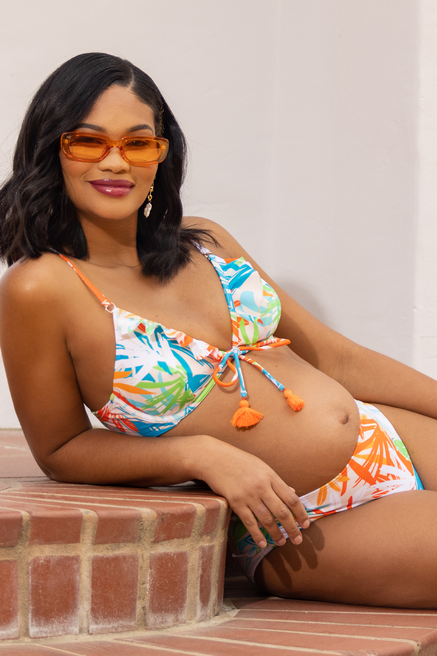 トップス Mi Tropical Leaf Print Plunge Top & Shirred High Waist Bikini Set