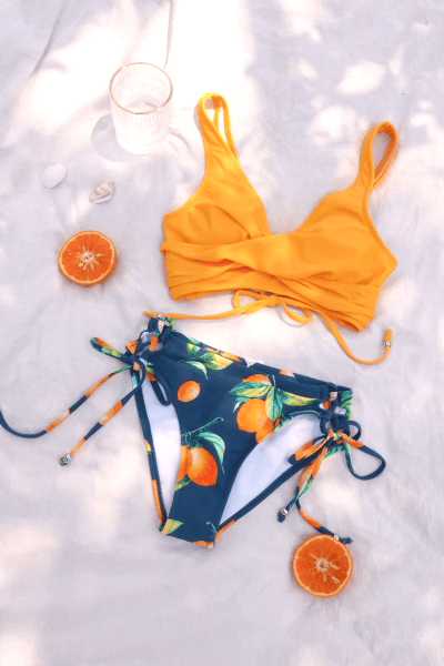 Yellow Wrap Front & Floral Print Tie Side Bikini Set