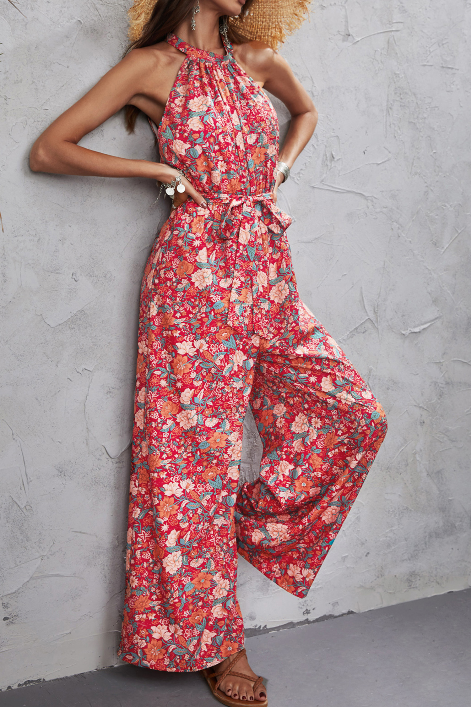 Belted Floral Print Mock Neck Jumpsuit
