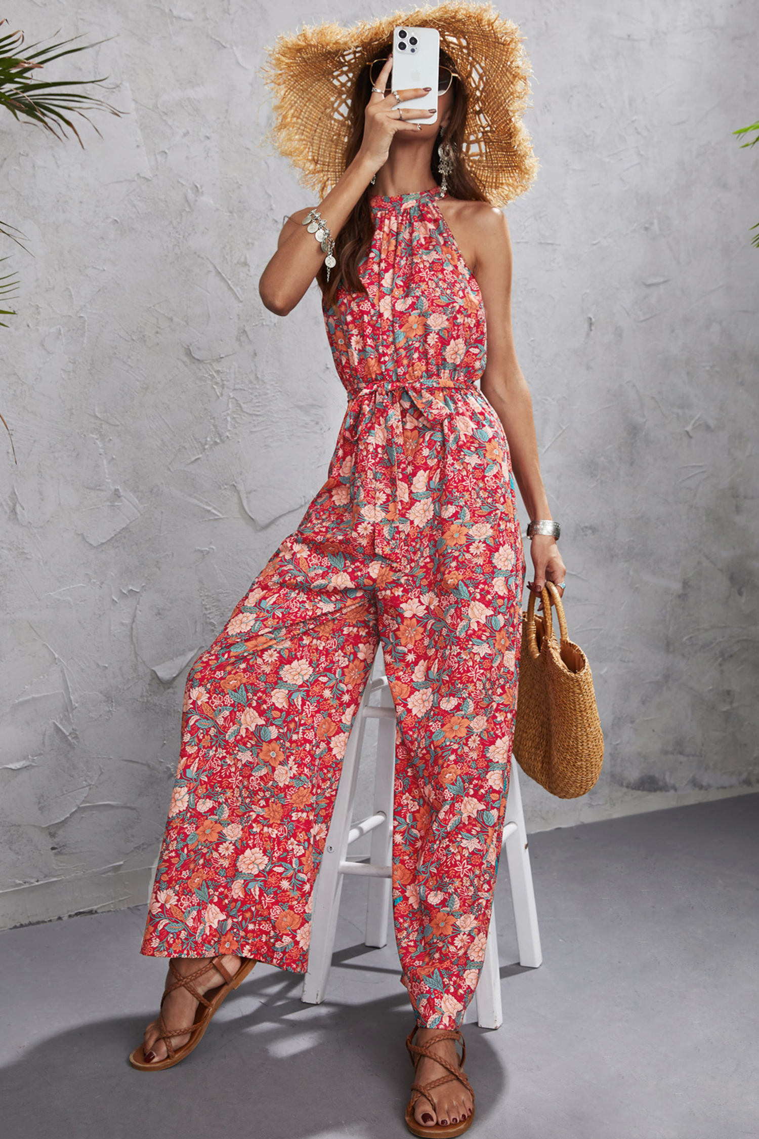 Belted Floral Print Mock Neck Jumpsuit