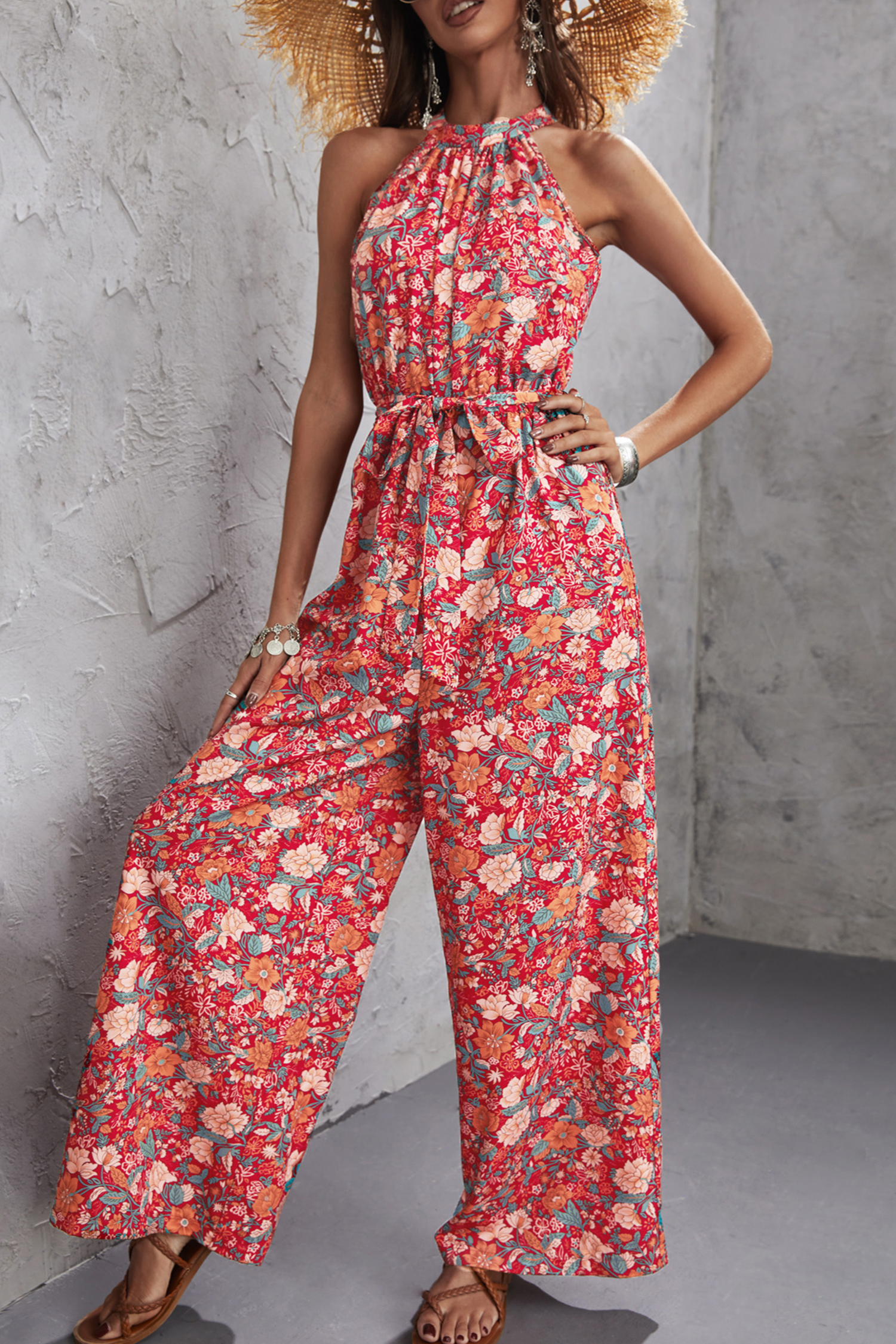 Belted Floral Print Mock Neck Jumpsuit