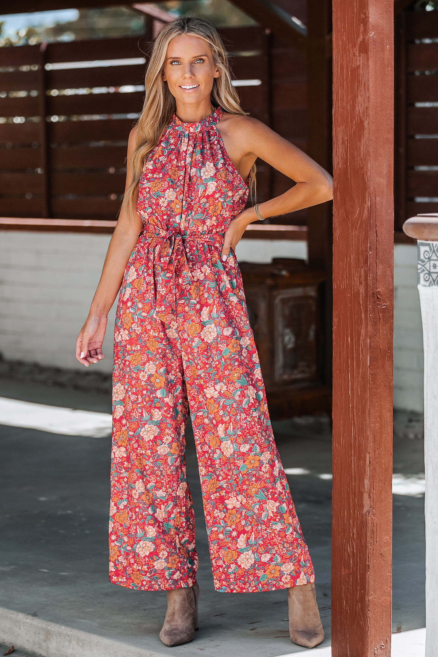Belted Floral Print Mock Neck Jumpsuit