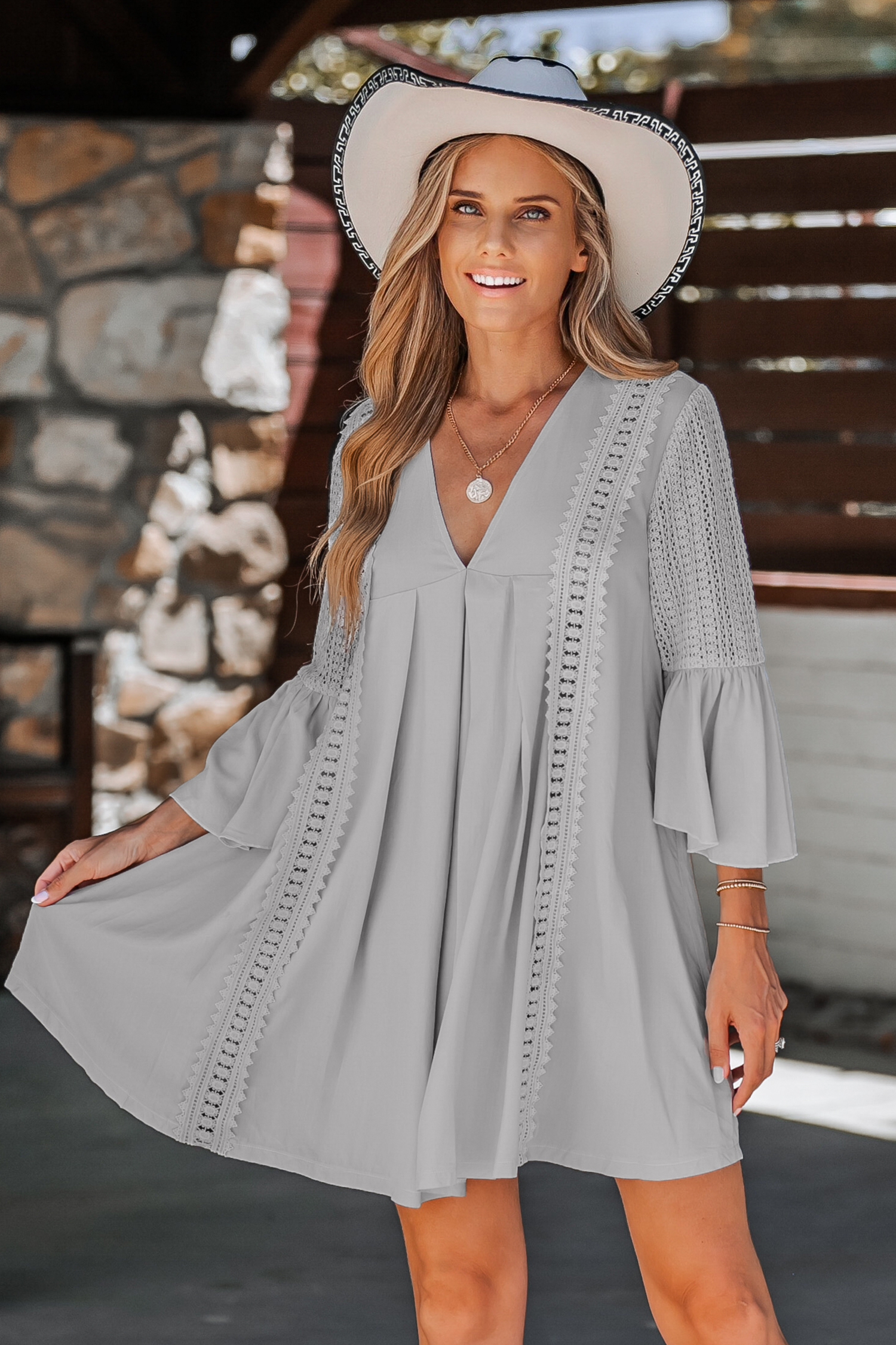 Lace VNeck Flowy Mini Dress