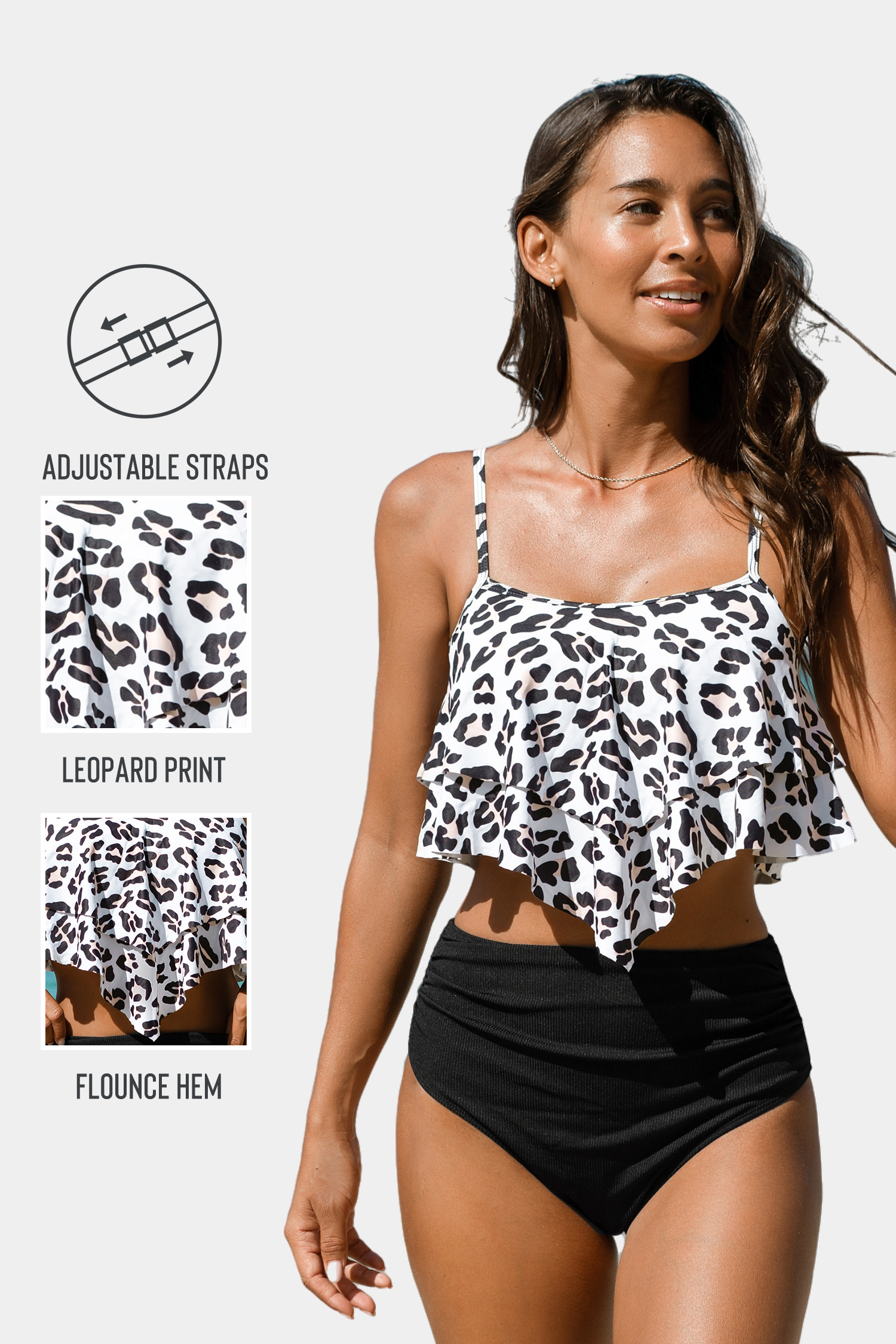 Black Leopard Print Flounce Top & High Waist Bikini Swimsuit
