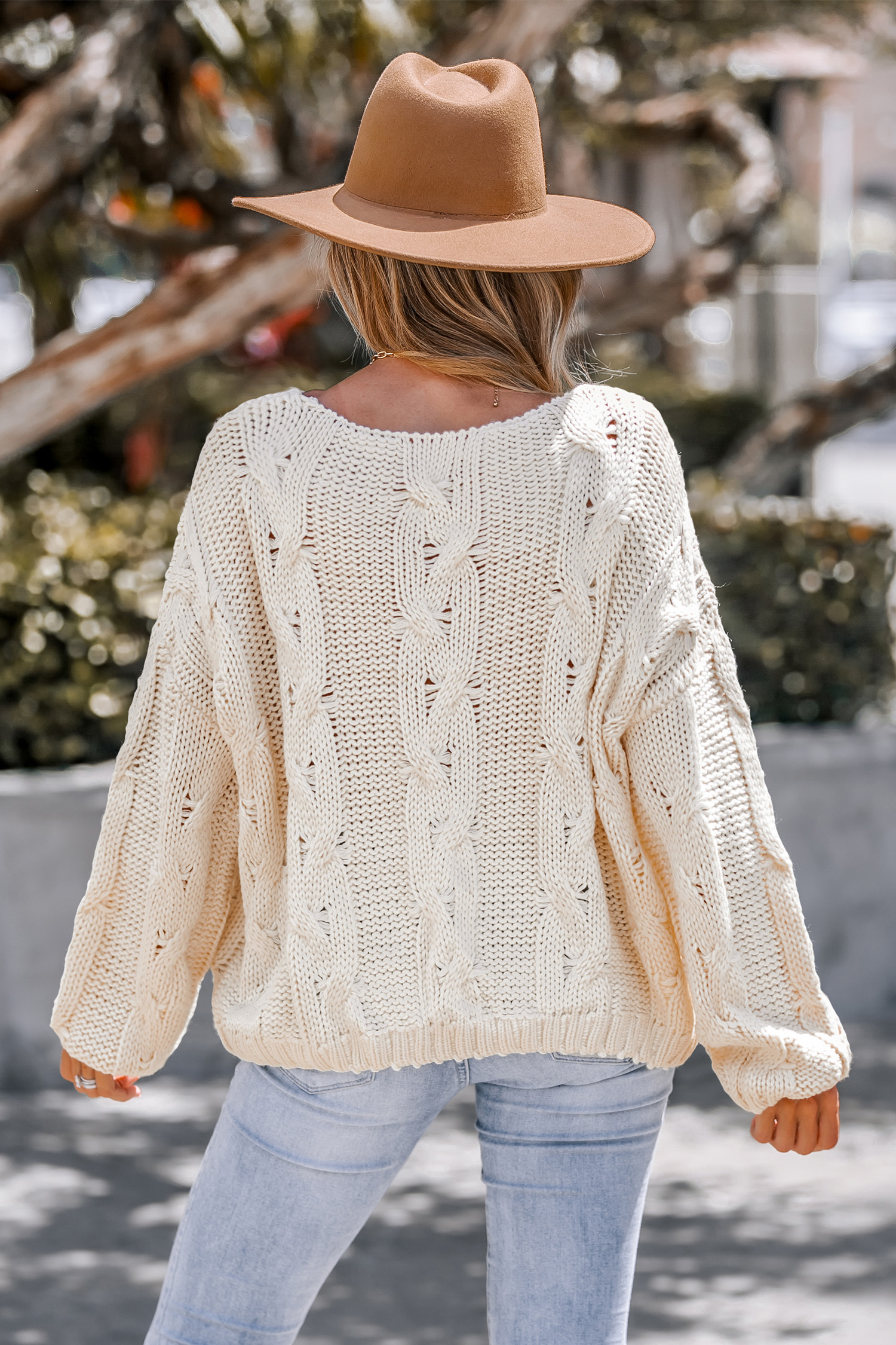 Cream Cable Knit Drop Sleeve Sweater