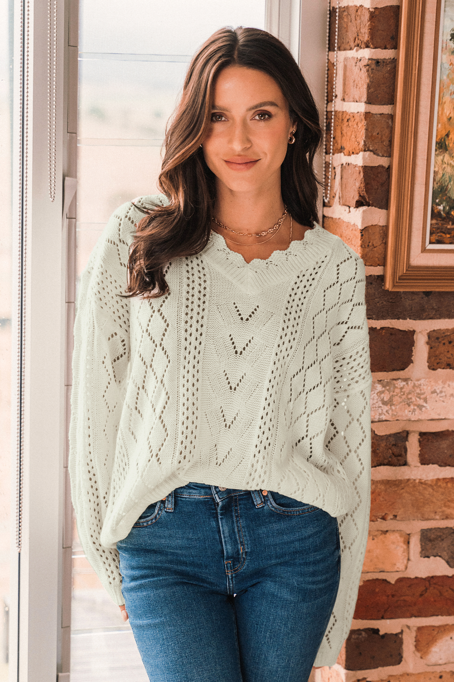 Pointelle Knit V-Neck Jumper