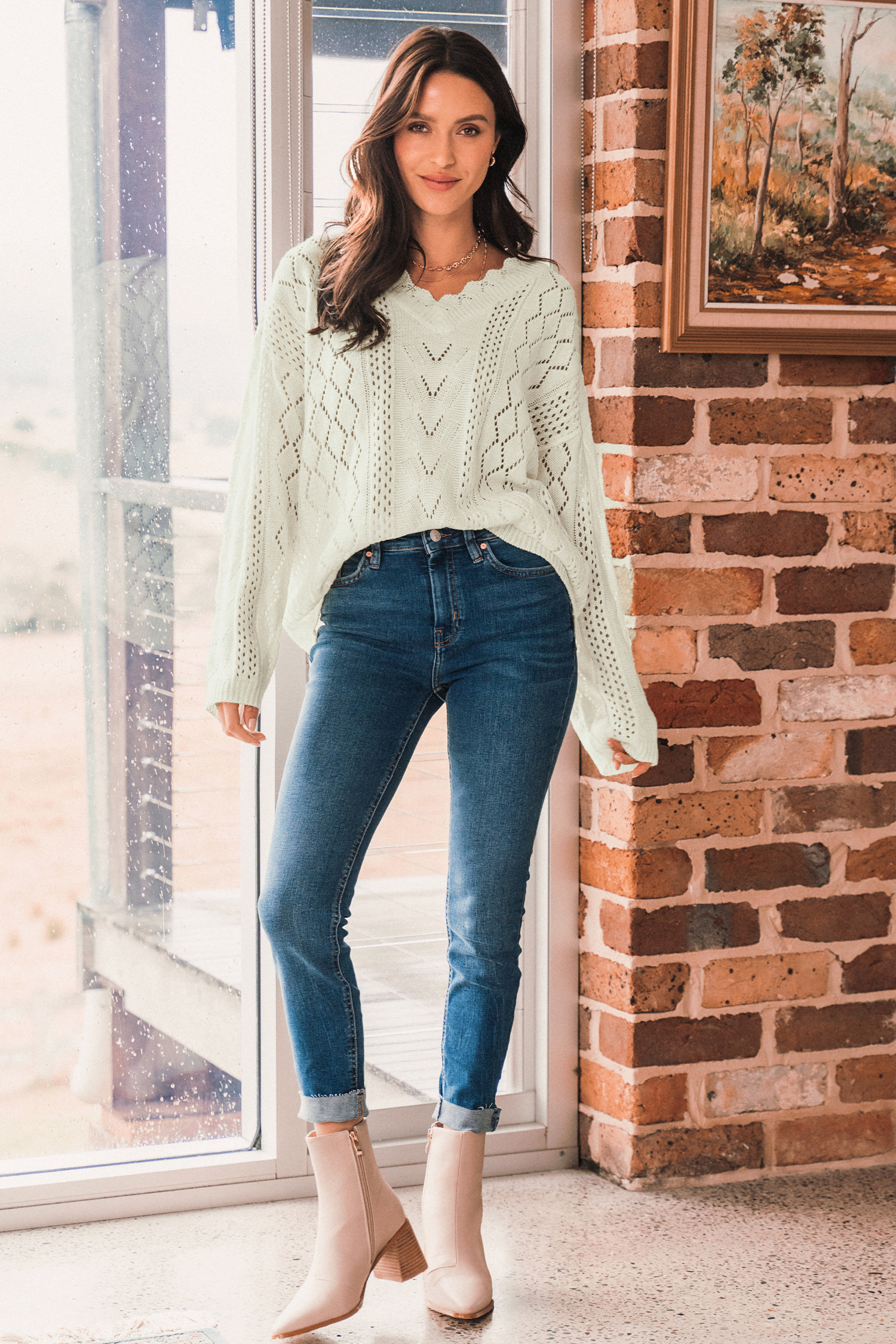 Pointelle Knit V-Neck Jumper