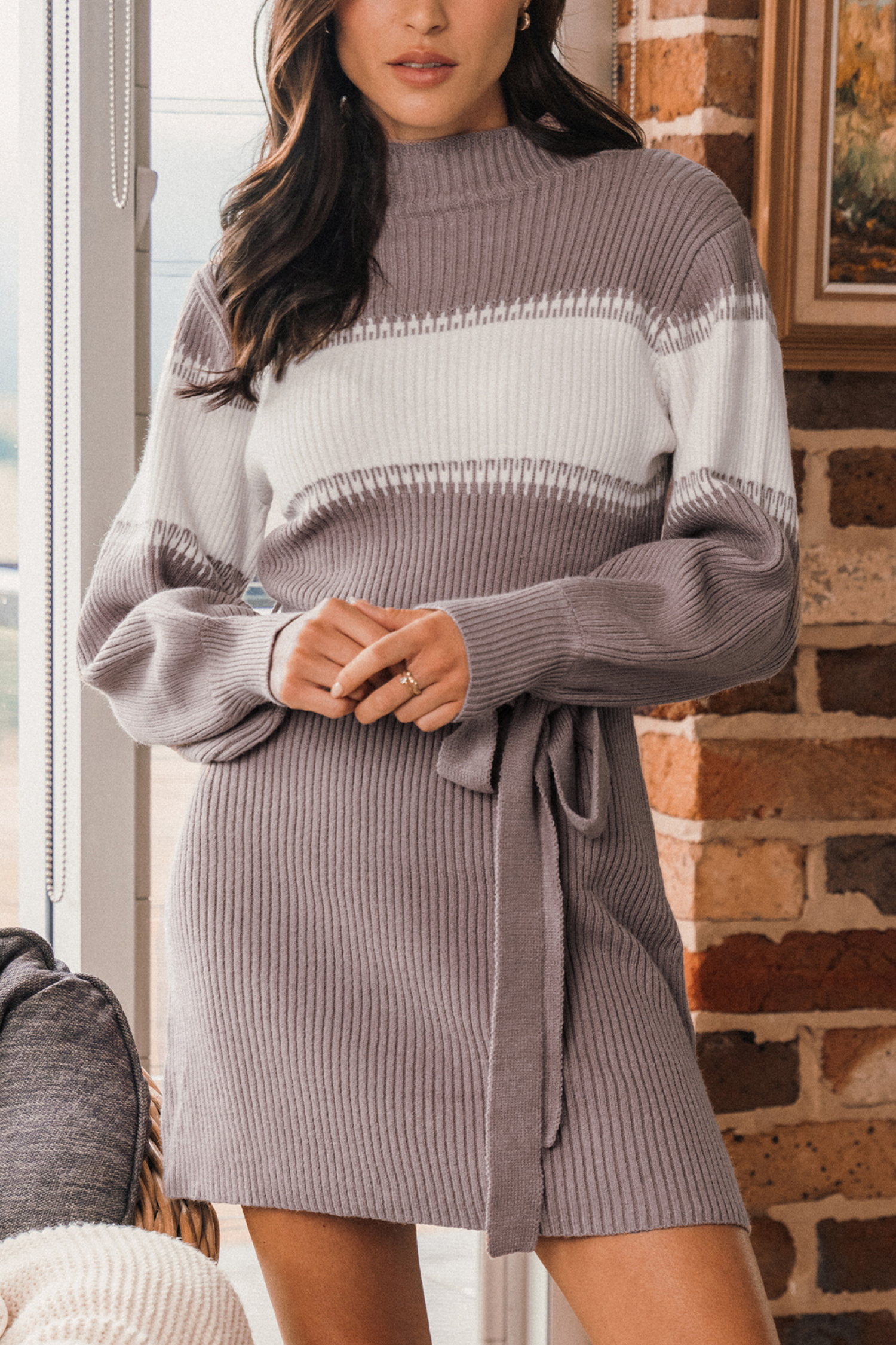 Colorblock Belted Mock Neck Sweater Dress