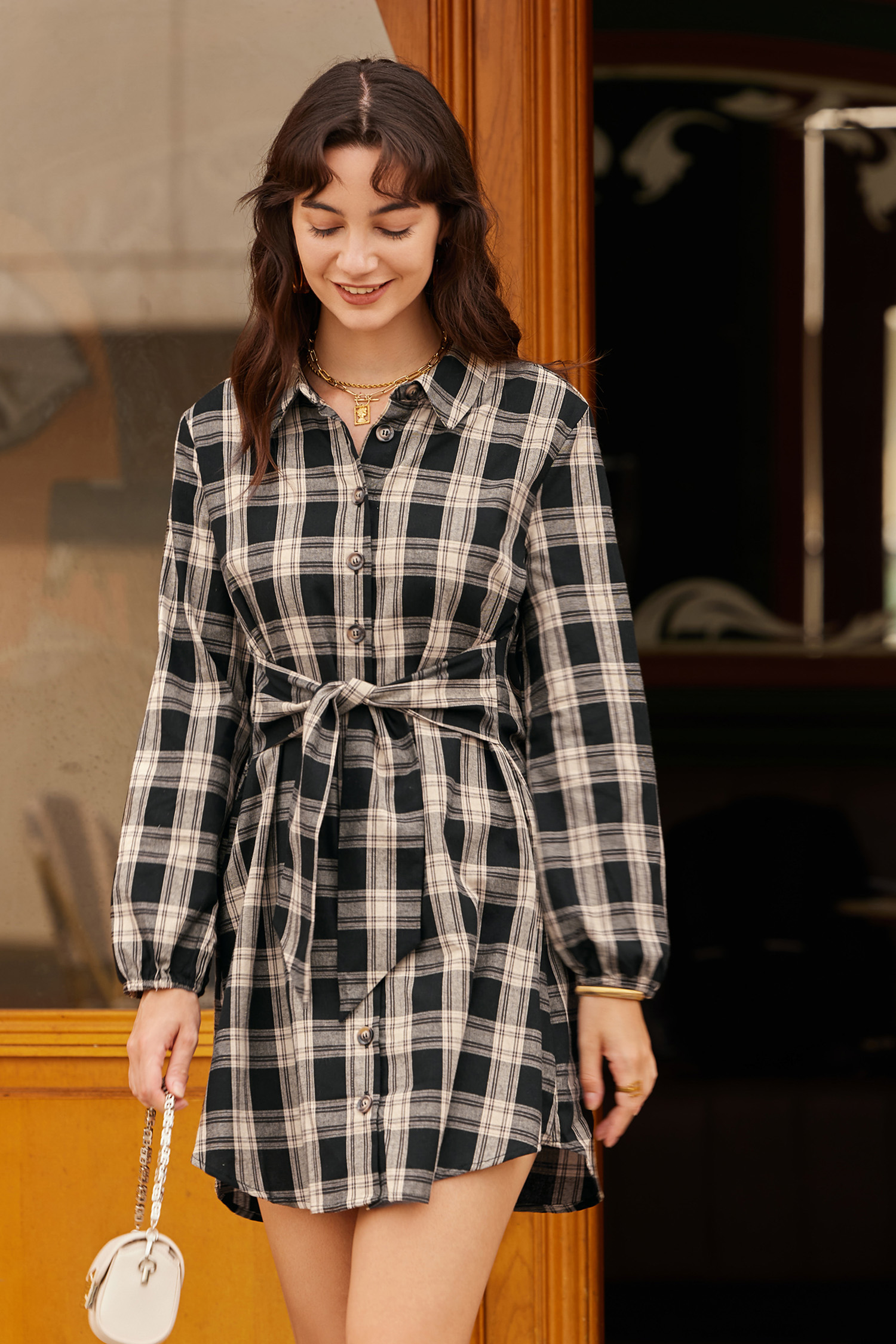 Belted Plaid Mini Shirt Dress