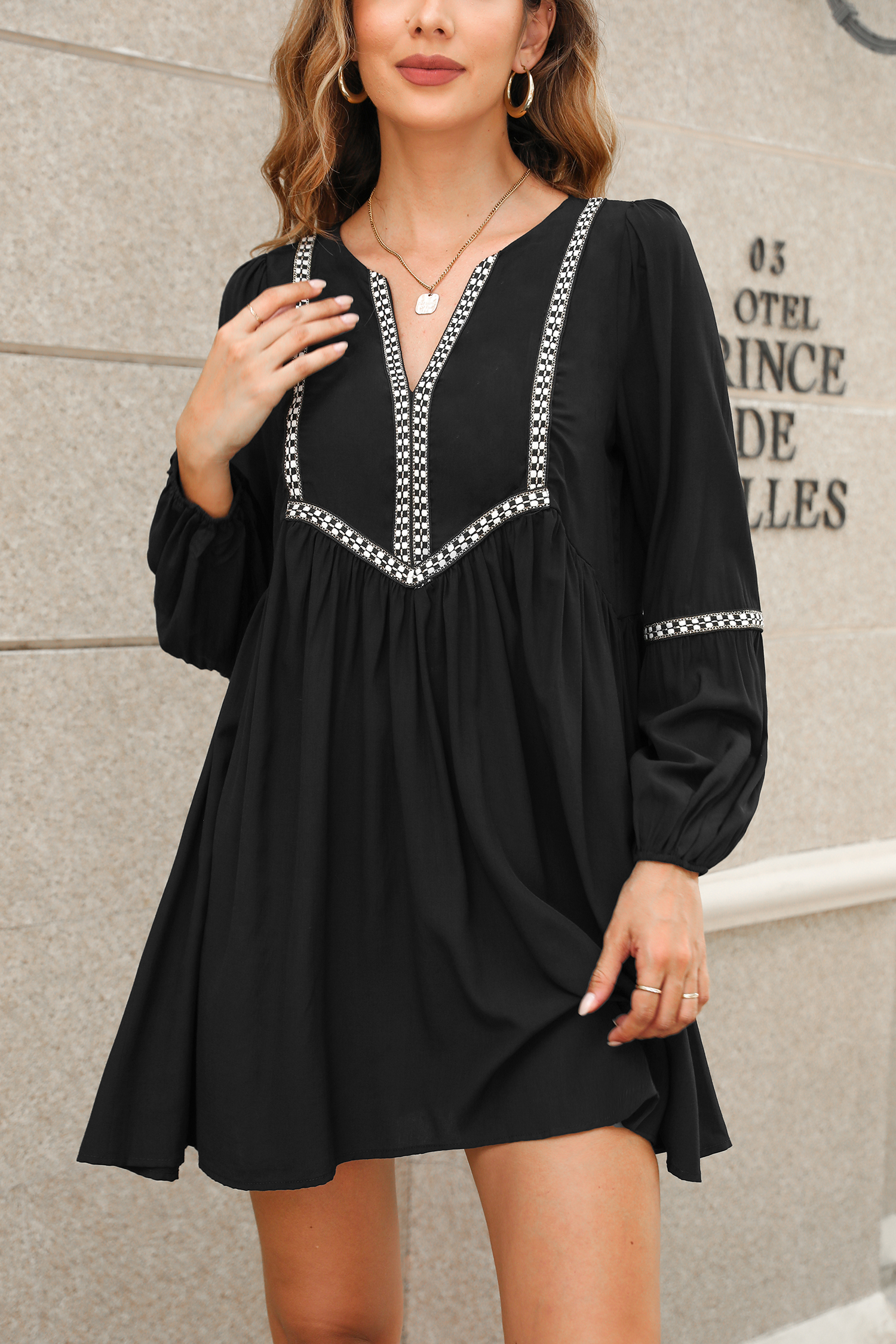 Embroidered V-Neck Peasant Sleeve Mini Dress