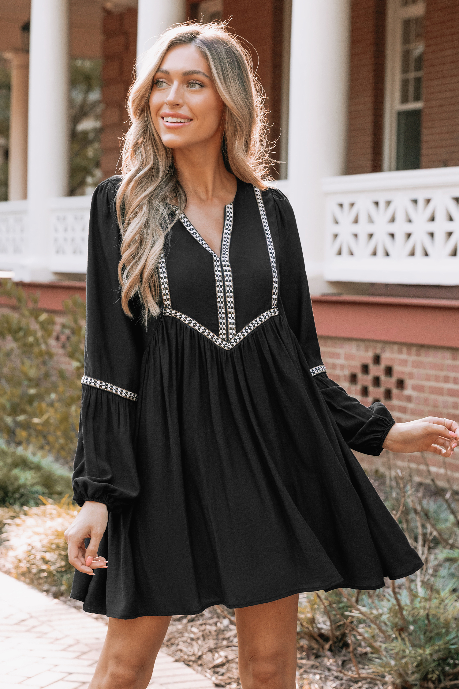 Embroidered V-Neck Peasant Sleeve Mini Dress