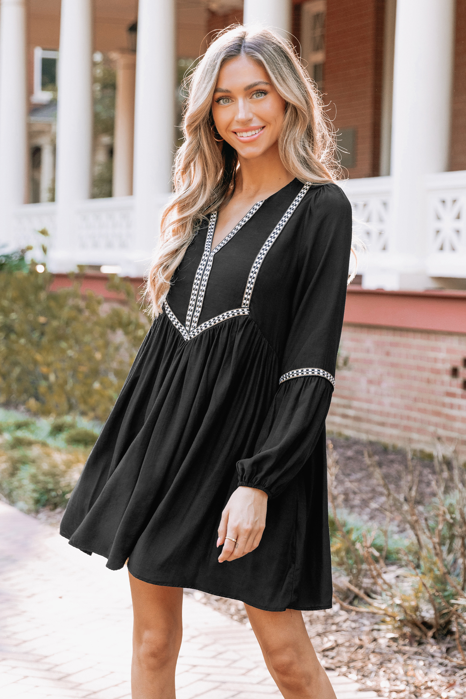 Embroidered V-Neck Peasant Sleeve Mini Dress