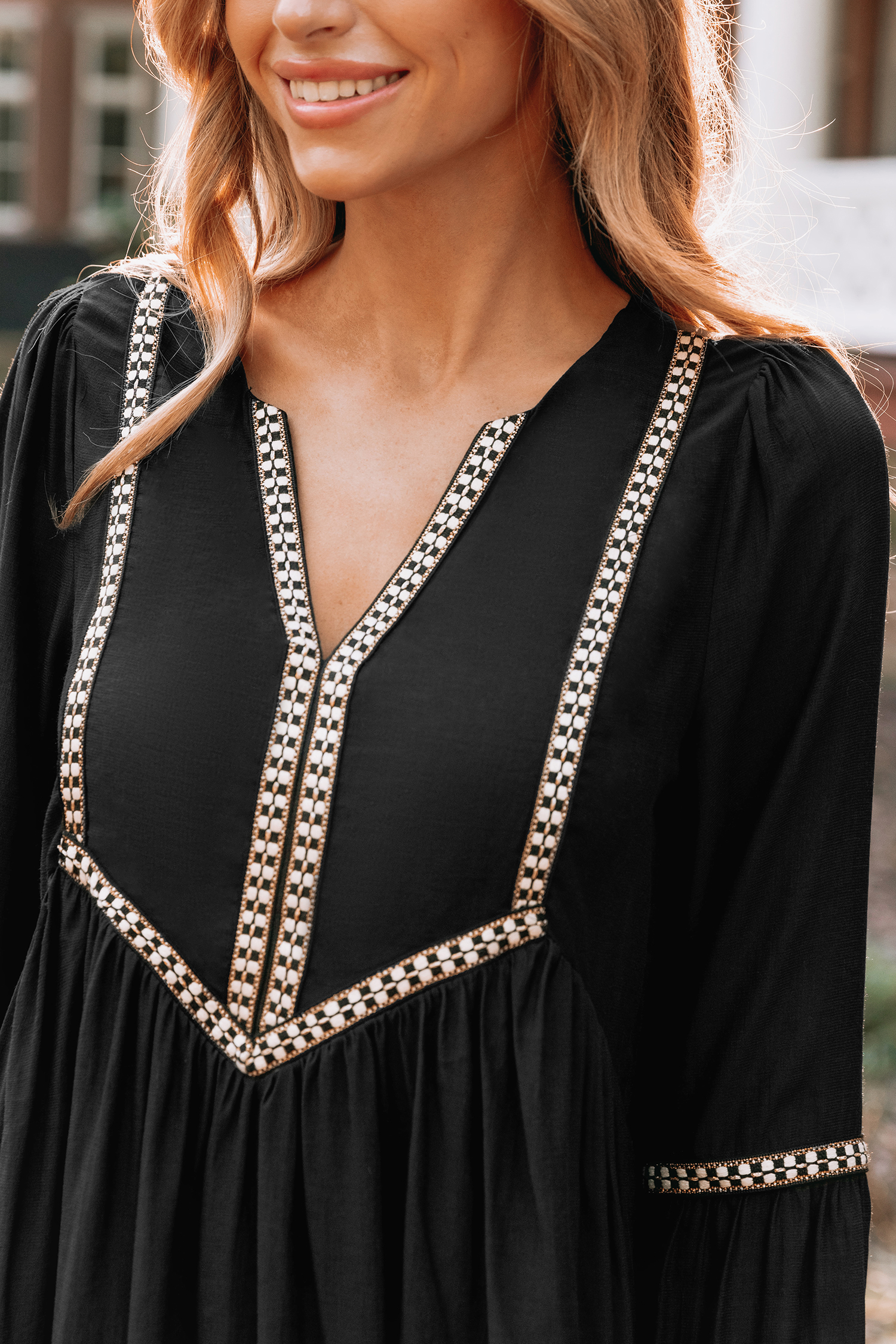 Embroidered V-Neck Peasant Sleeve Mini Dress
