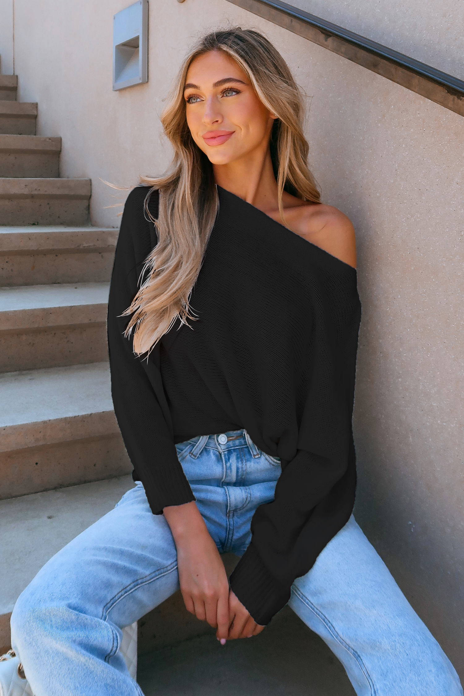 Onyx Crochet One-Shoulder Sweater